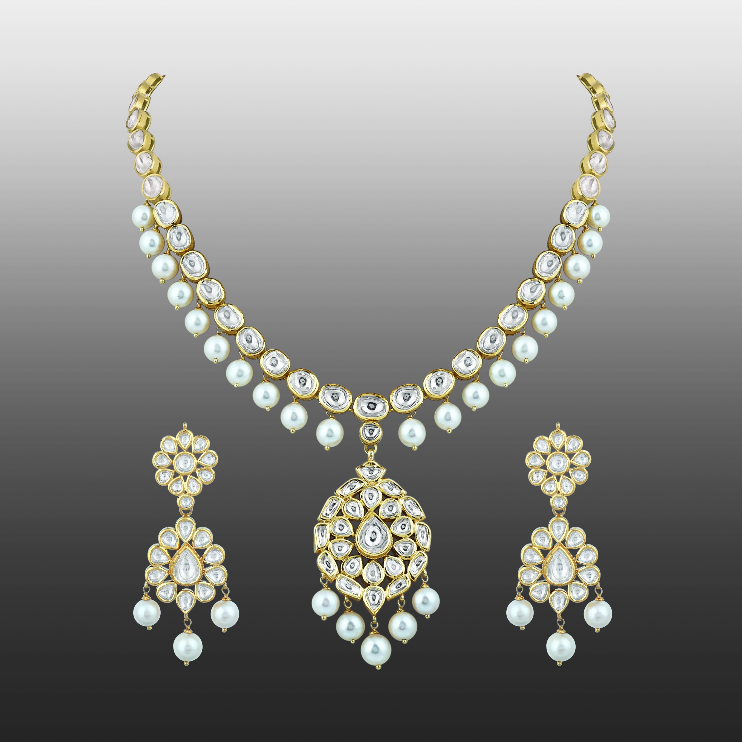 Linear Polki Necklace with Pendant and Pearl Drop